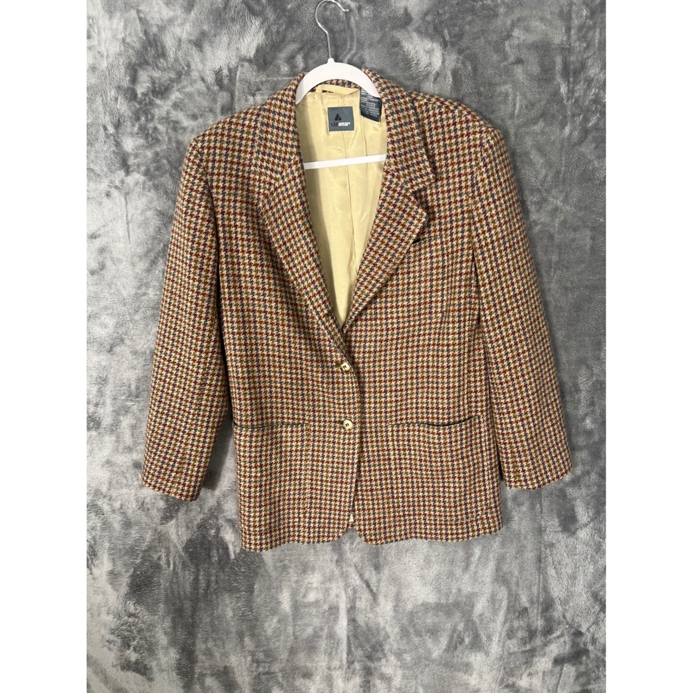 Lizwear Liz Claiborne Vintage 100% Wool Houndstooth Blazer Jacket BrownTan Multi